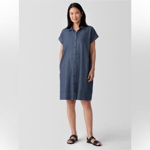 Eileen Fisher Airy Organic Cotton Twill Navy Button-Down Knee Length Dress